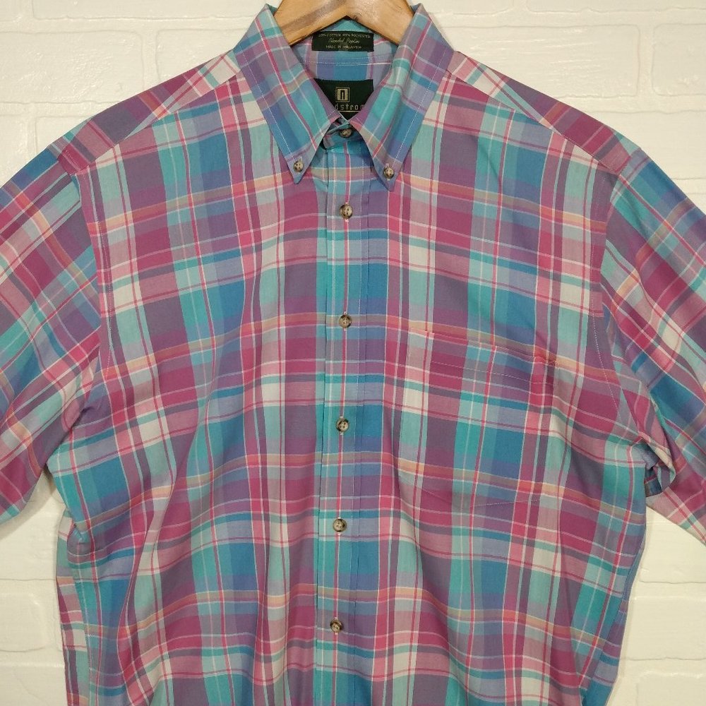 Nordstrom men's pink aqua plaid long sleeve button shirt medium